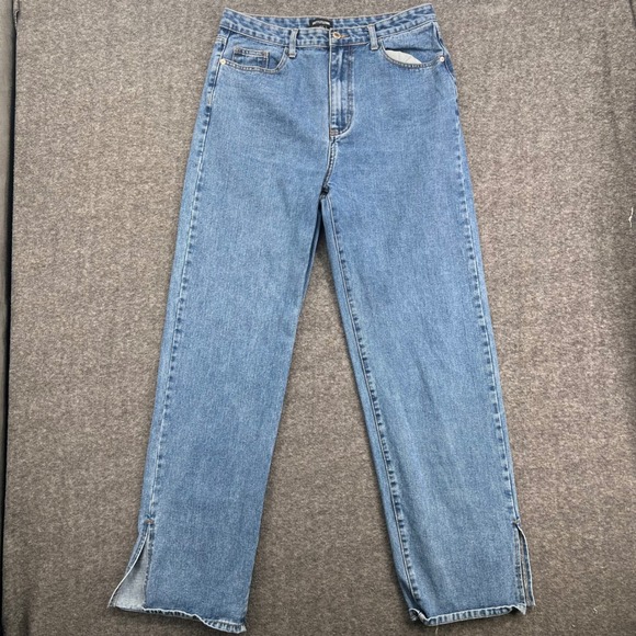 PrettyLittleThing Denim - PrettyLittleThing Womens High Waisted Straight Leg Jeans Blue Side Slit Size 10